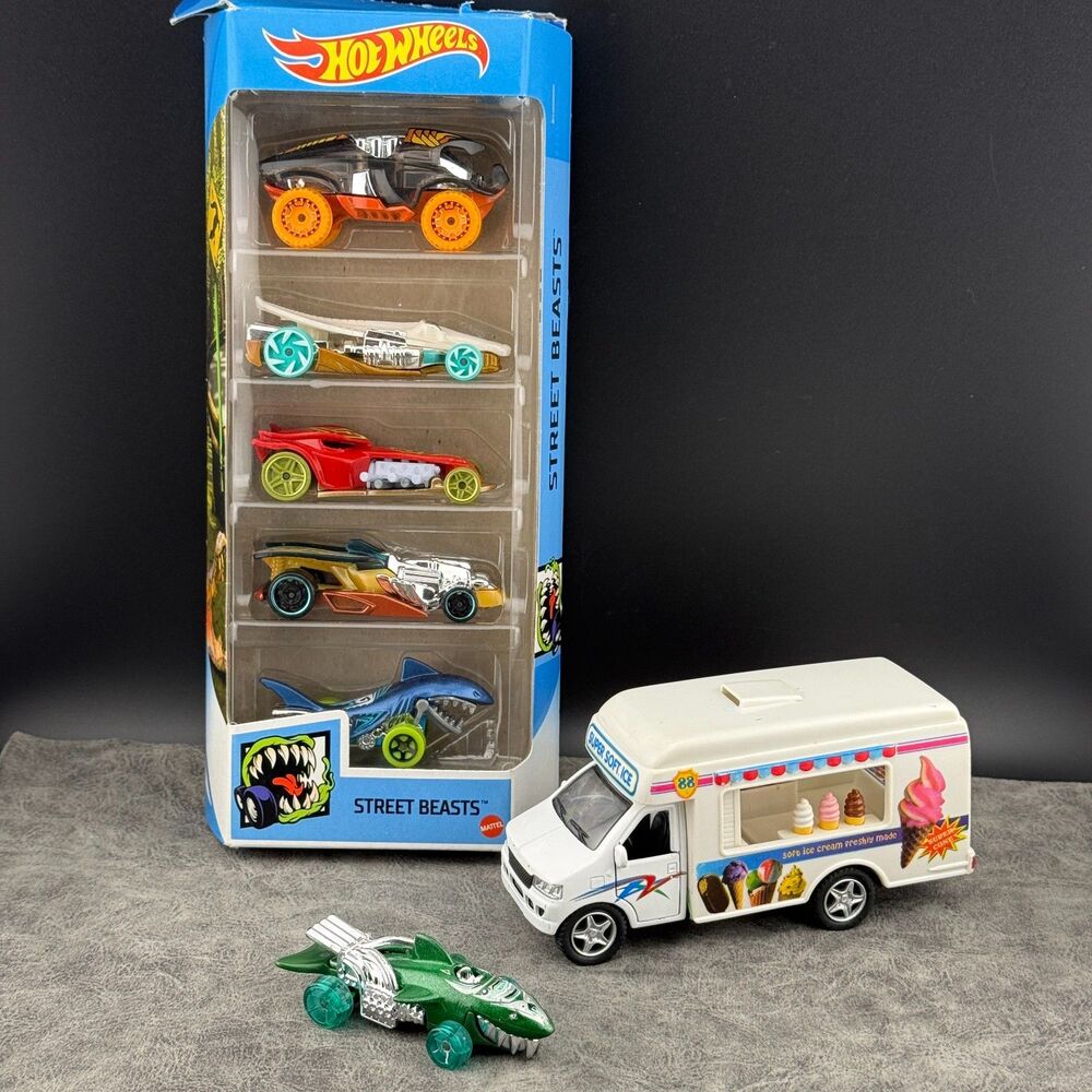 Lot of 7 Toy Cars Ice Cream Truck & Hot Wheels Street Beasts Croc Rod